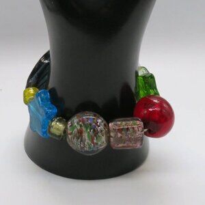 Art Glass Bead Bracelet Assorted Colorful Chunky Shapes Design Stretch Fun Funky